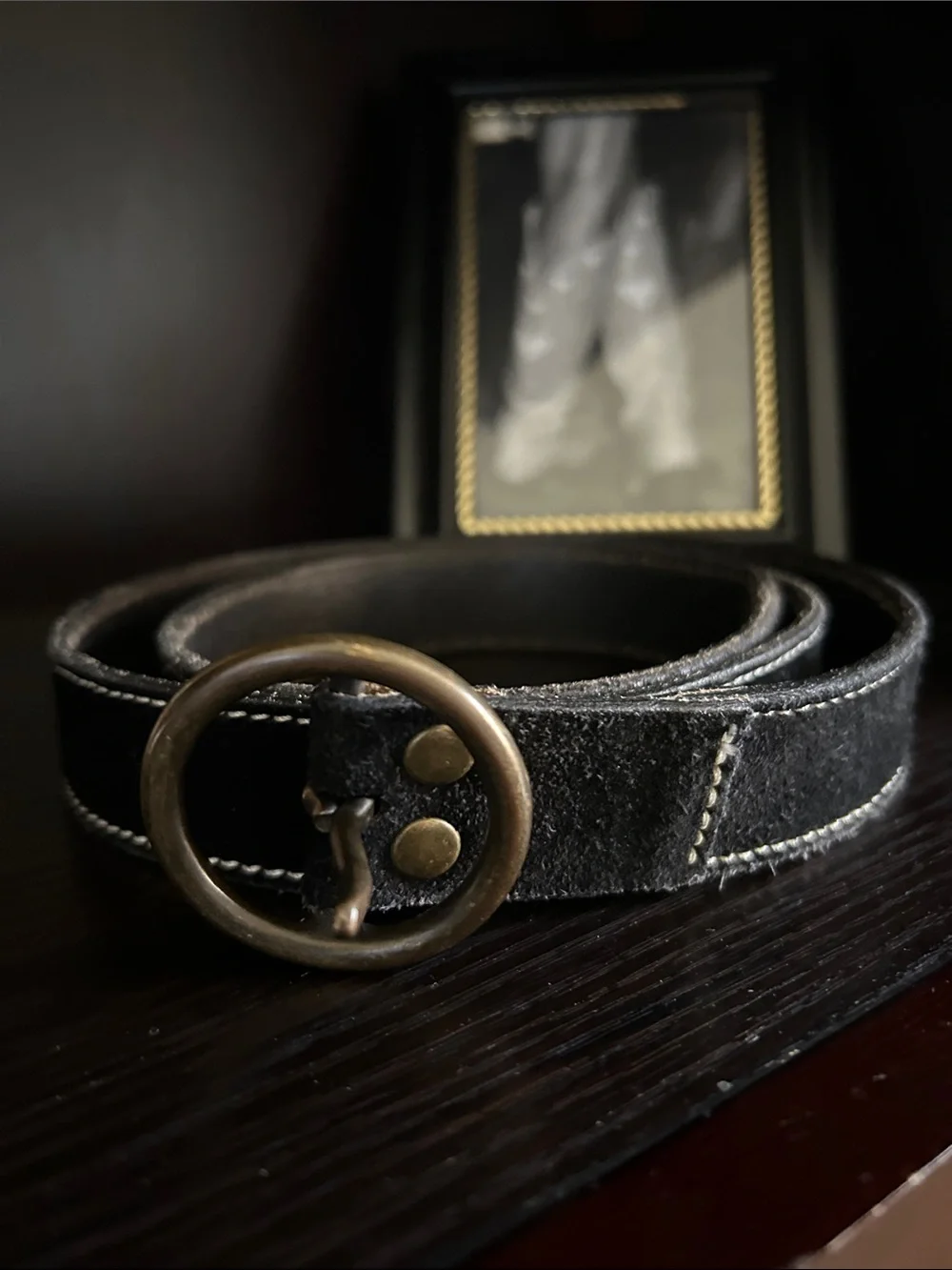 GAP Black Suede Belt with Antiqued Brass Round Buckle
